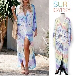 NEW$68•SURF GYPSY•Tie Dye Kimono Beach Cover Up Twist Caftan Vici Dolls Dress•